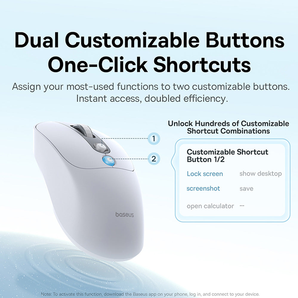 Baseus computer mouse with customizable buttons on a light blue background