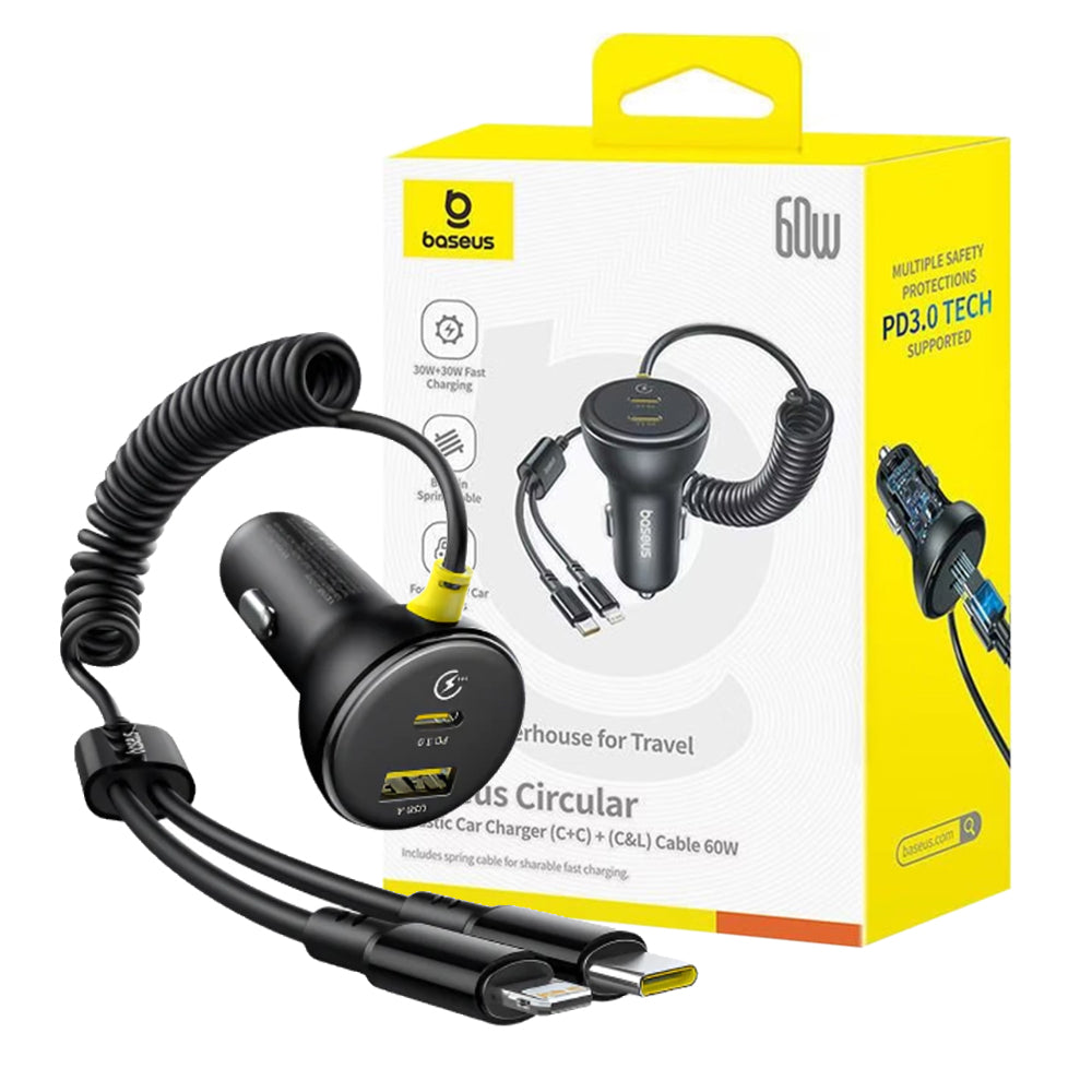 Baseus 4-in-1 60W Multi-Port Car Charger (USB-A + Dual Type-C + Lightning | Fast PD QC Charging Adapter)