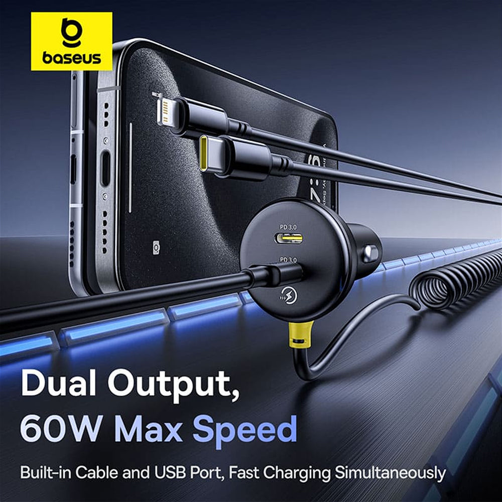 Baseus 4-in-1 60W Multi-Port Car Charger (USB-A + Dual Type-C + Lightning | Fast PD QC Charging Adapter)