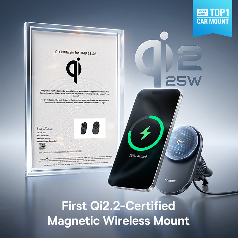 Qi2 25W magnetic wireless mount with certification plaque on a gray background