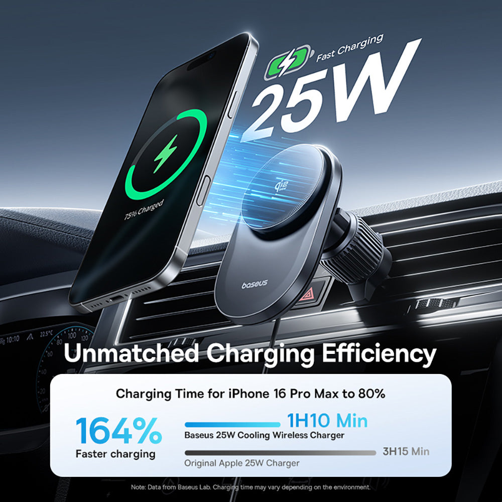 Car charger with smartphone displaying '25W' on a car dashboard background