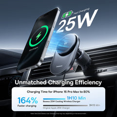Car charger with smartphone displaying '25W' on a car dashboard background
