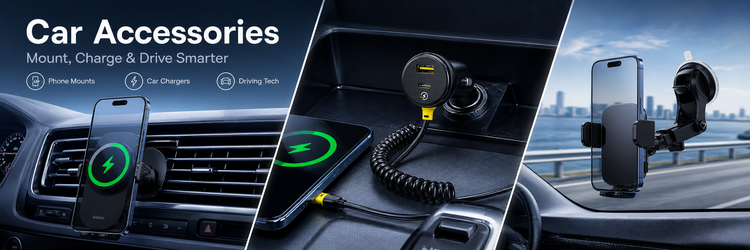 Car Accessories collection banner showing a car phone mount, USB-C car charger and windshield phone holder in modern driving scenes for safer navigation and fast charging