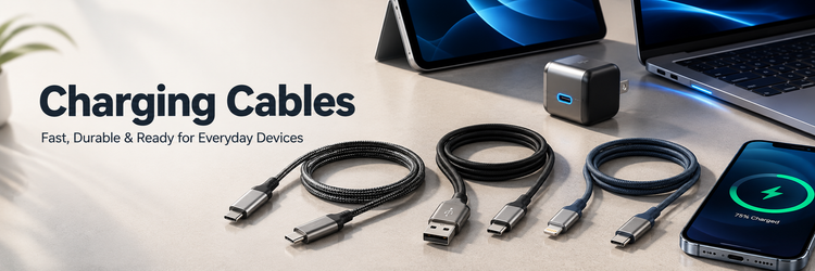 Charging cable collection banner featuring USB-C, Lightning and braided fast charging cables for phones, tablets, laptops and daily device charging