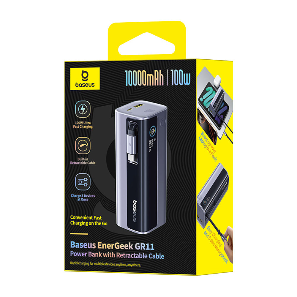 Baseus EnerGeek GR11 10000mAh 100W Power Bank with Retractable USB-C Cable – Space Grey