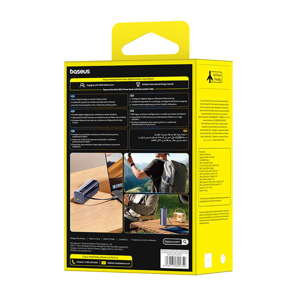 Baseus EnerGeek GR11 10000mAh 100W Power Bank with Retractable USB-C Cable – Space Grey