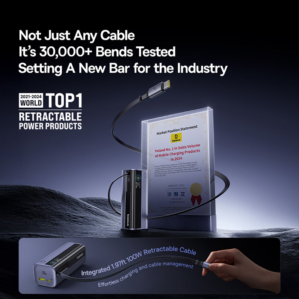 Baseus EnerGeek GR11 10000mAh 100W Power Bank with Retractable USB-C Cable – Space Grey