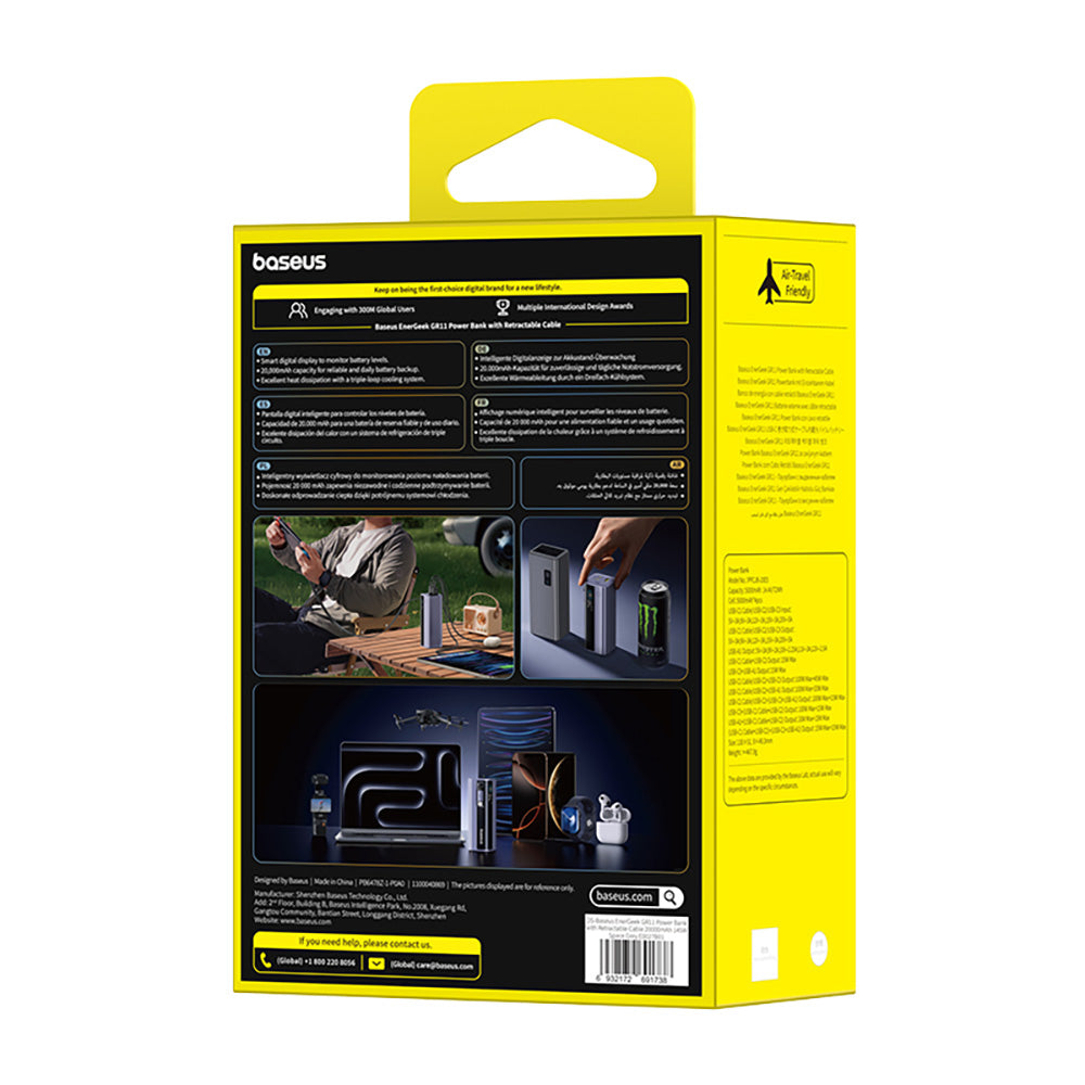 Baseus EnerGeek GR11 20000mAh 145W Laptop Fast-Charging Power Bank with Retractable USB-C Cable – Space Grey