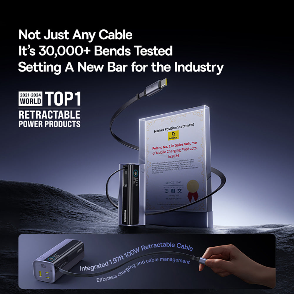 Baseus EnerGeek GR11 20000mAh 145W Laptop Fast-Charging Power Bank with Retractable USB-C Cable – Space Grey