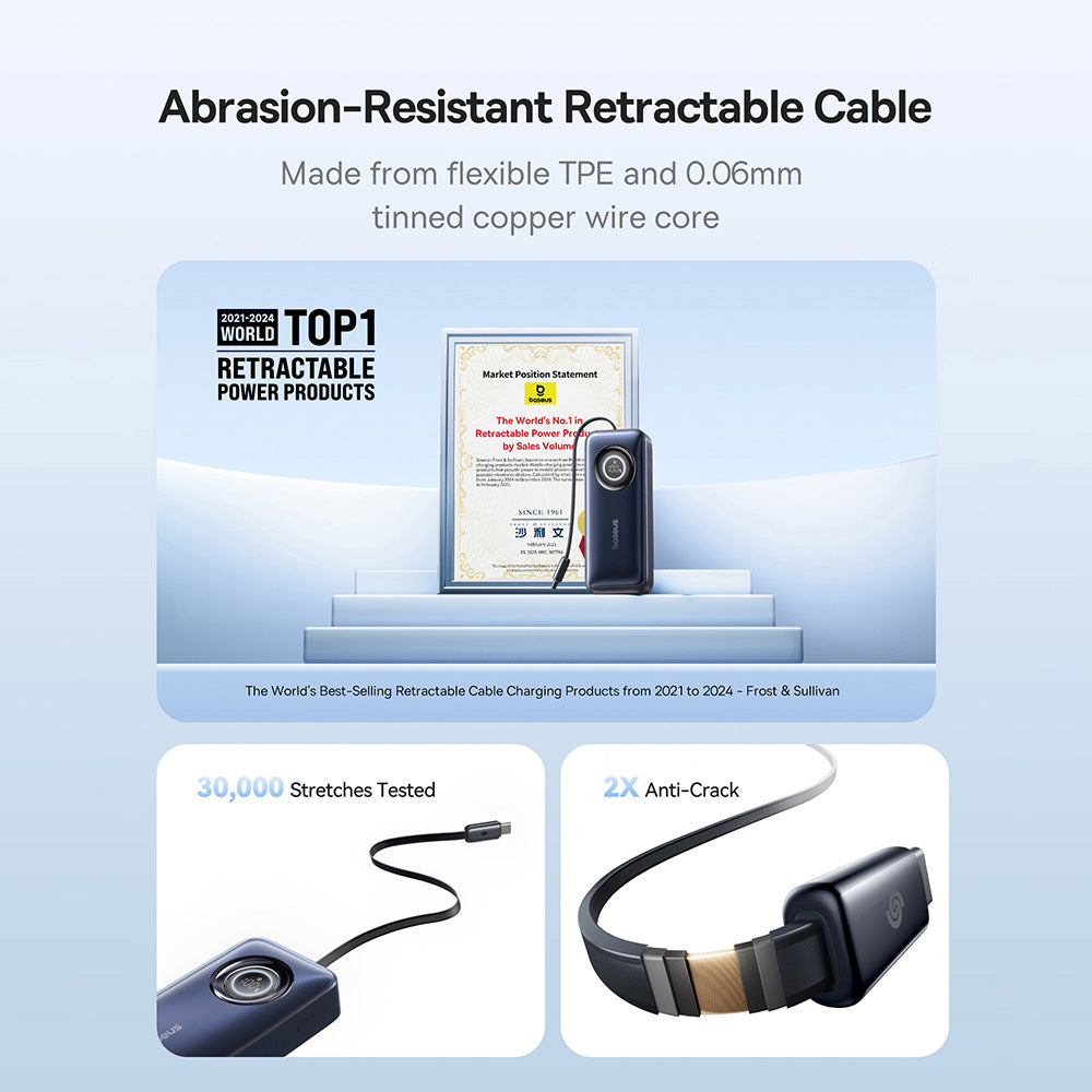 Baseus EnerCore CR11 20000mAh 67W Power Bank with 80cm Retractable Cable & Triple Fast Charging – Cosmic Black