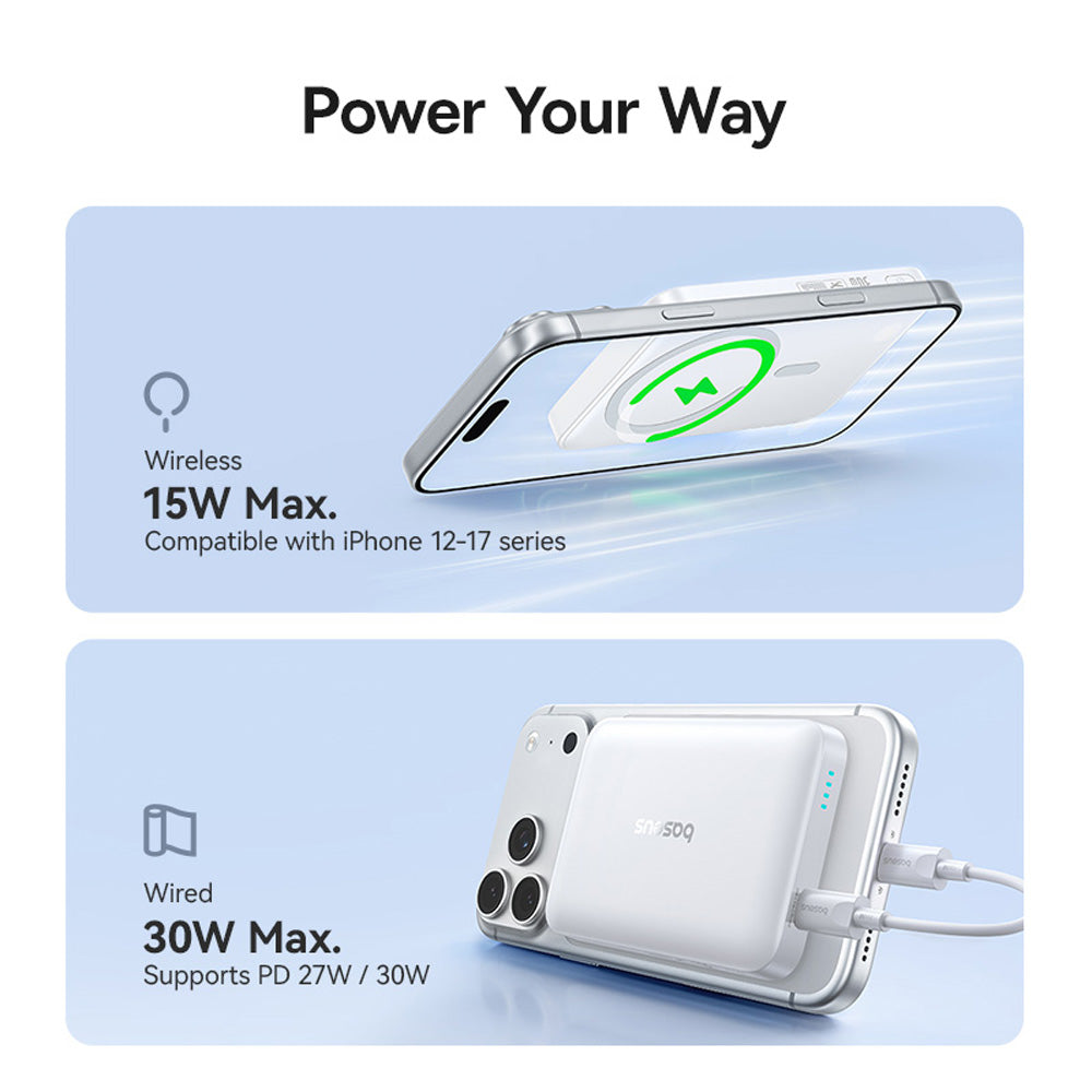 Product advertisement with wireless and wired charging capabilities on a light blue background.