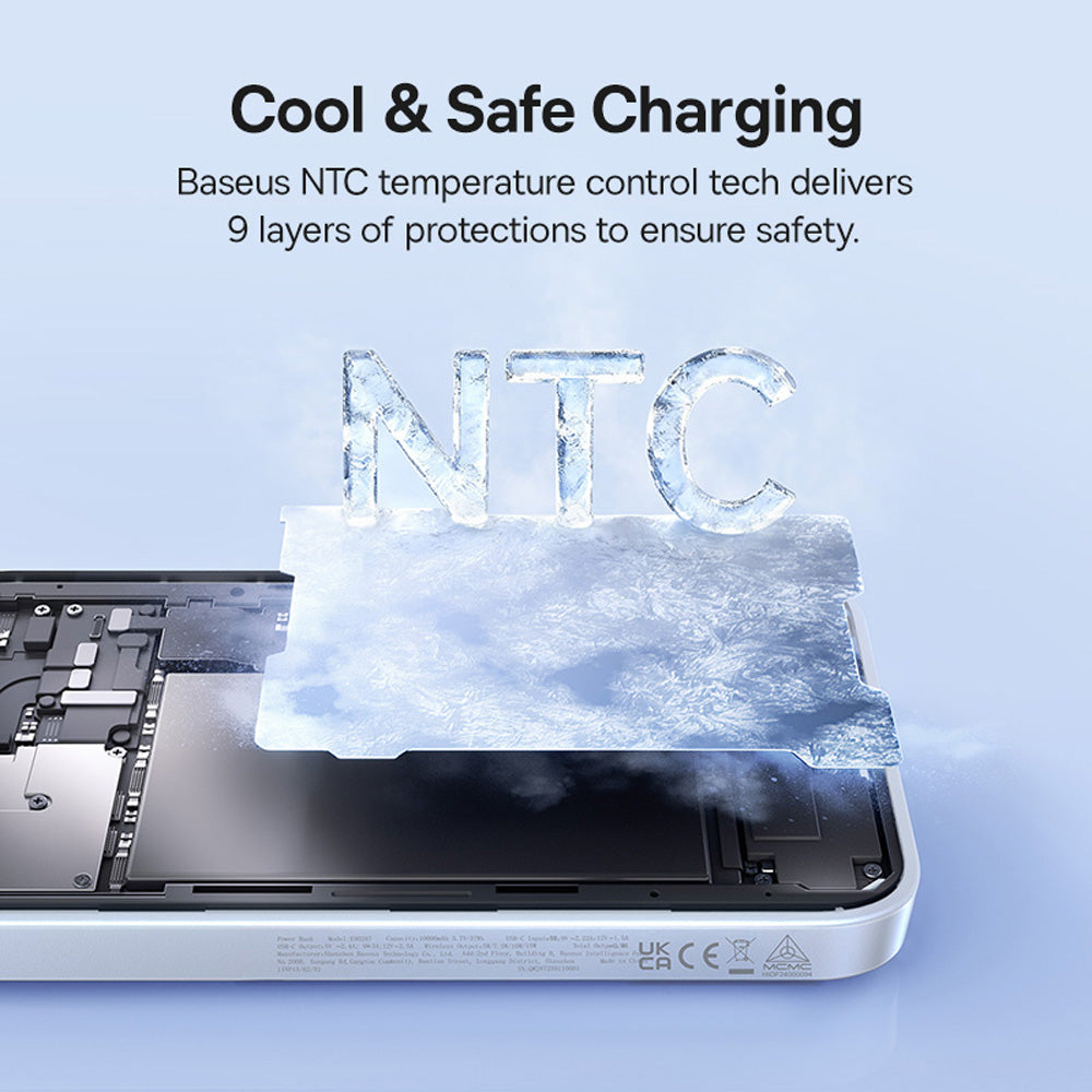 Baseus NTC temperature control technology for safe charging on a device with ice effect.