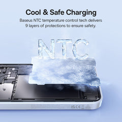 Baseus NTC temperature control technology for safe charging on a device with ice effect.