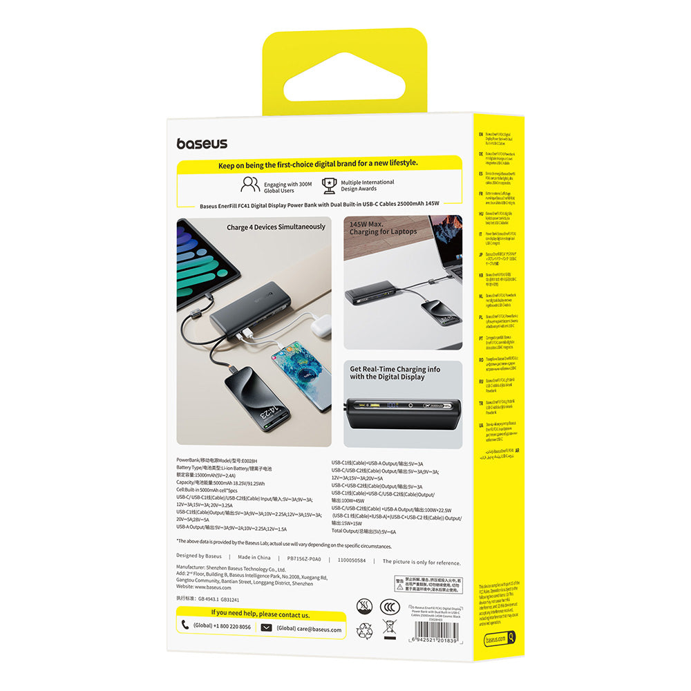 Baseus EnerFill FC41 Digital Display Power Bank with Dual Built-in USB-C Cables 25000mAh 140W - Cosmic Black