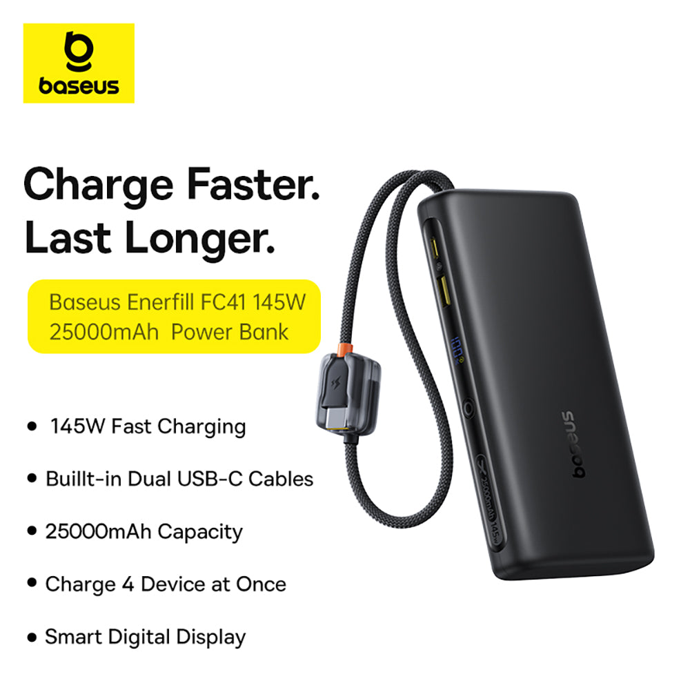 Baseus EnerFill FC41 Digital Display Power Bank with Dual Built-in USB-C Cables 25000mAh 140W - Cosmic Black