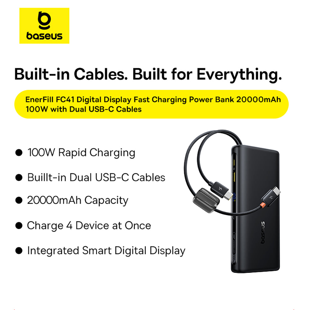 Baseus EnerFill FC41 Digital Display Power Bank with Dual Built-in USB-C Cables 20000mAh 100W - Cosmic Black