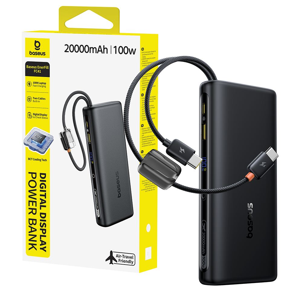 Baseus EnerFill FC41 Digital Display Power Bank with Dual Built-in USB-C Cables 20000mAh 100W - Cosmic Black