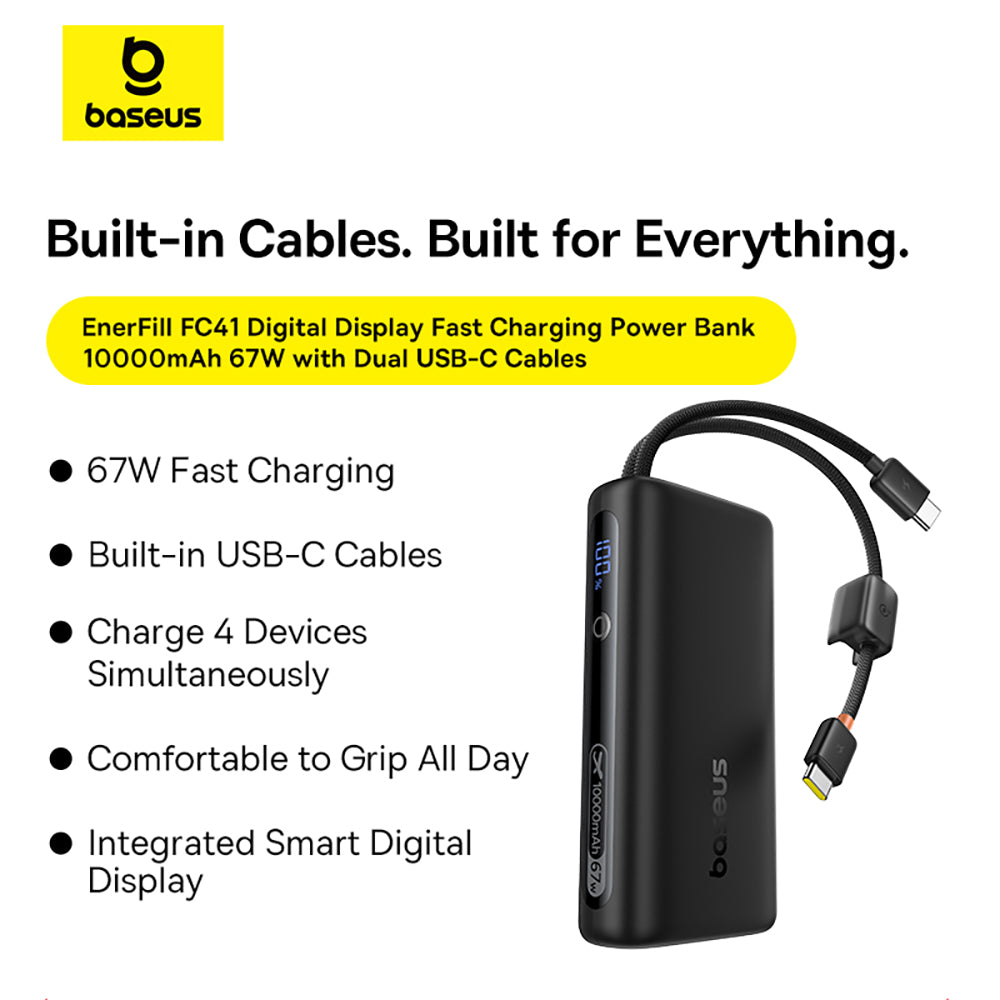 Baseus EnerFill FC41 Digital Display Power Bank with Dual Built-in USB-C Cables 10000mAh 67W - Cosmic Black