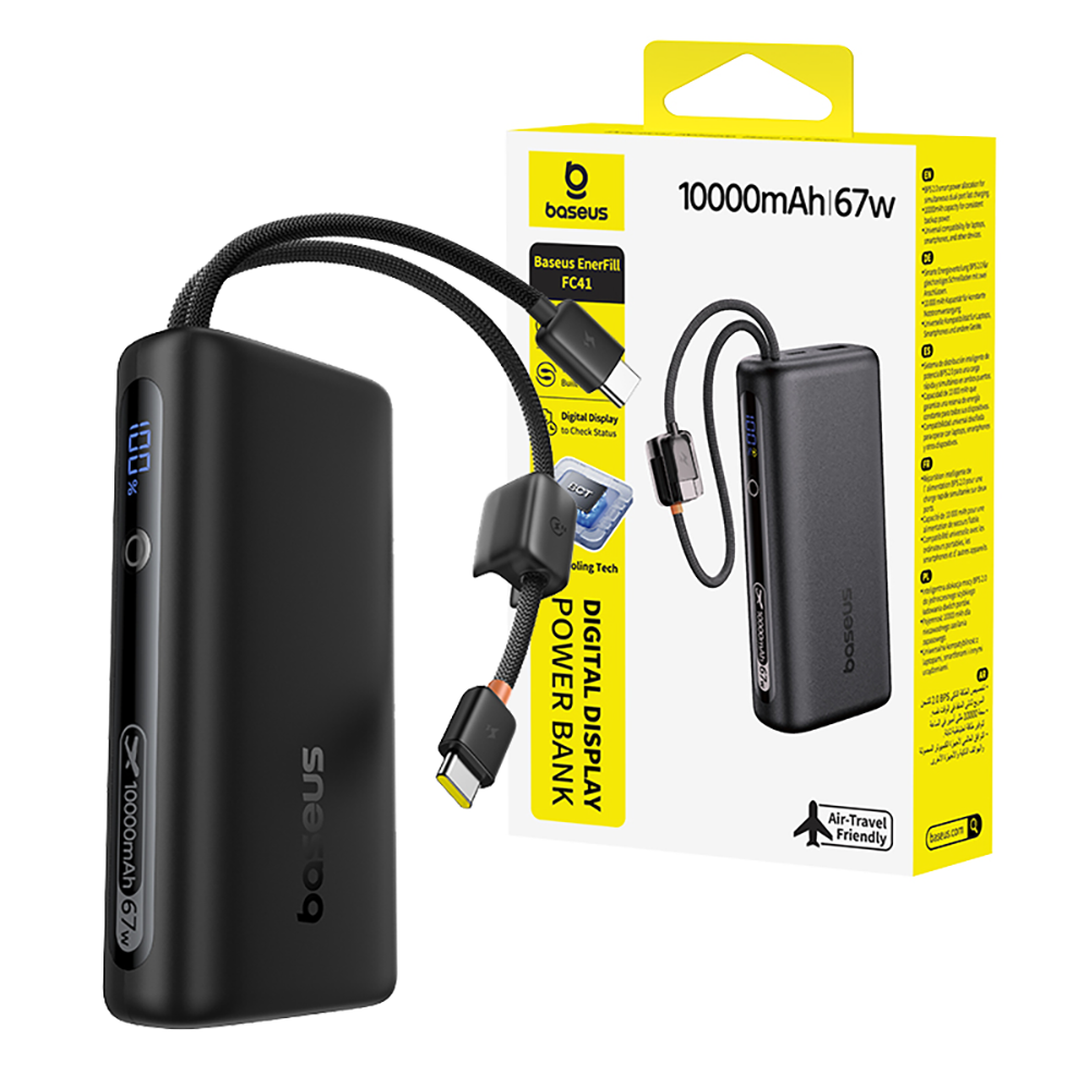 Baseus EnerFill FC41 Digital Display Power Bank with Dual Built-in USB-C Cables 10000mAh 67W - Cosmic Black