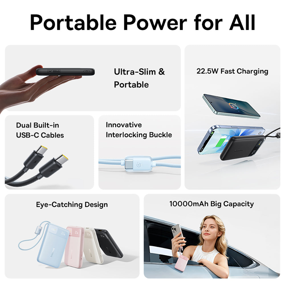 Baseus EnerFill FC11 Digital Display Power Bank with Dual Built-in Cables 10000mAh 22.5W - Beige