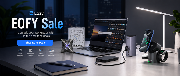 2 Lazy EOFY Sale homepage banner featuring a modern desk setup with laptop, portable SSD, docking hub, wireless charging stand, desk lamp and Shop EOFY Deals promotion

