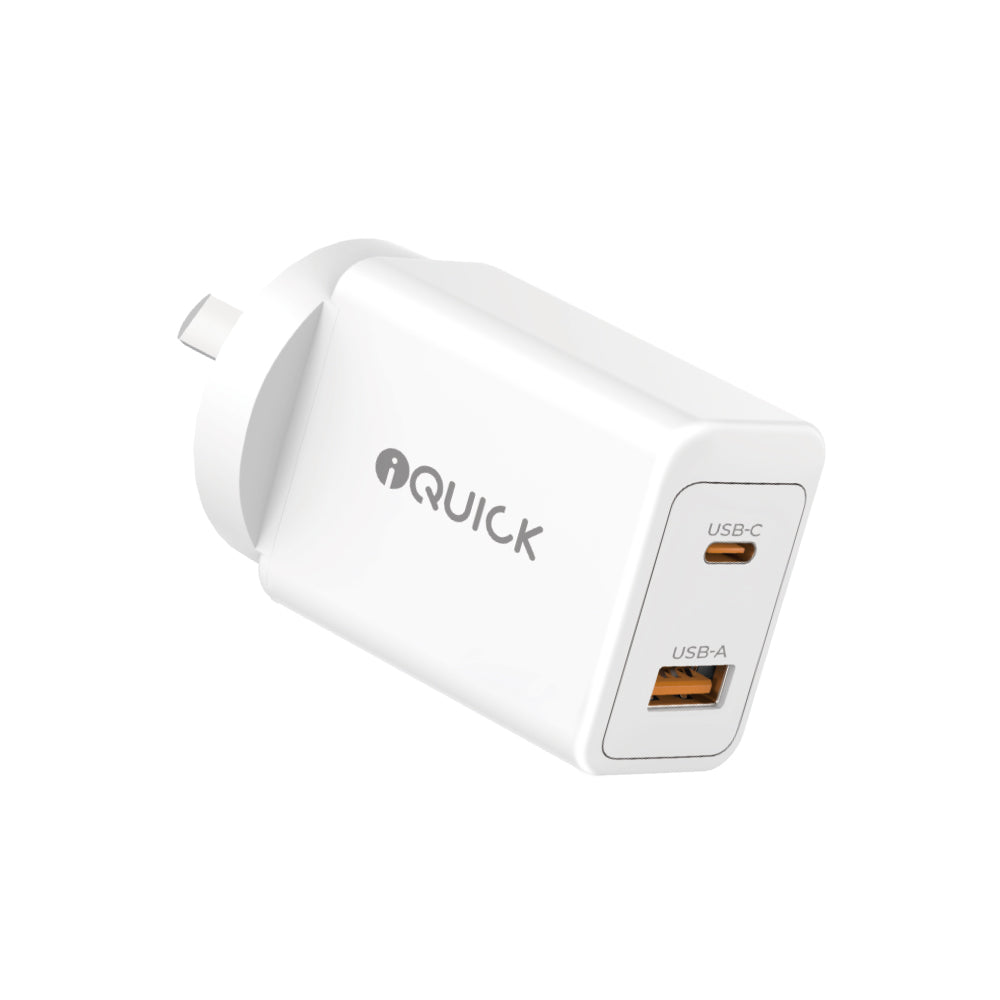 iQuick GaN II 45W Dual-Port Fast Charger | USB-C PD3.0 + USB-A QC3.0 (White)