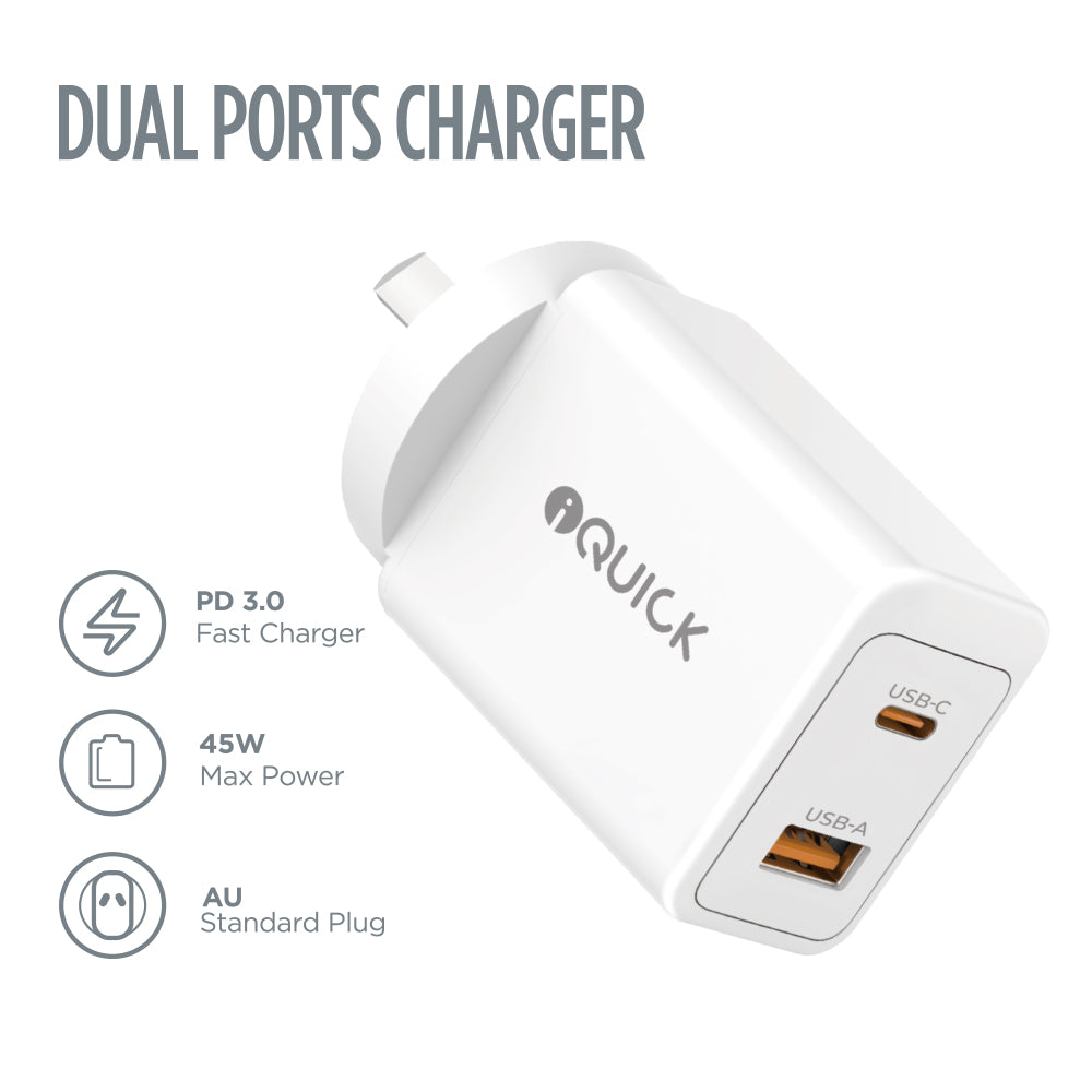 iQuick GaN II 45W Dual-Port Fast Charger | USB-C PD3.0 + USB-A QC3.0 (White)