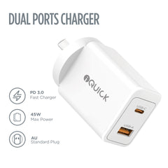 iQuick GaN II 45W Dual-Port Fast Charger | USB-C PD3.0 + USB-A QC3.0 (White)