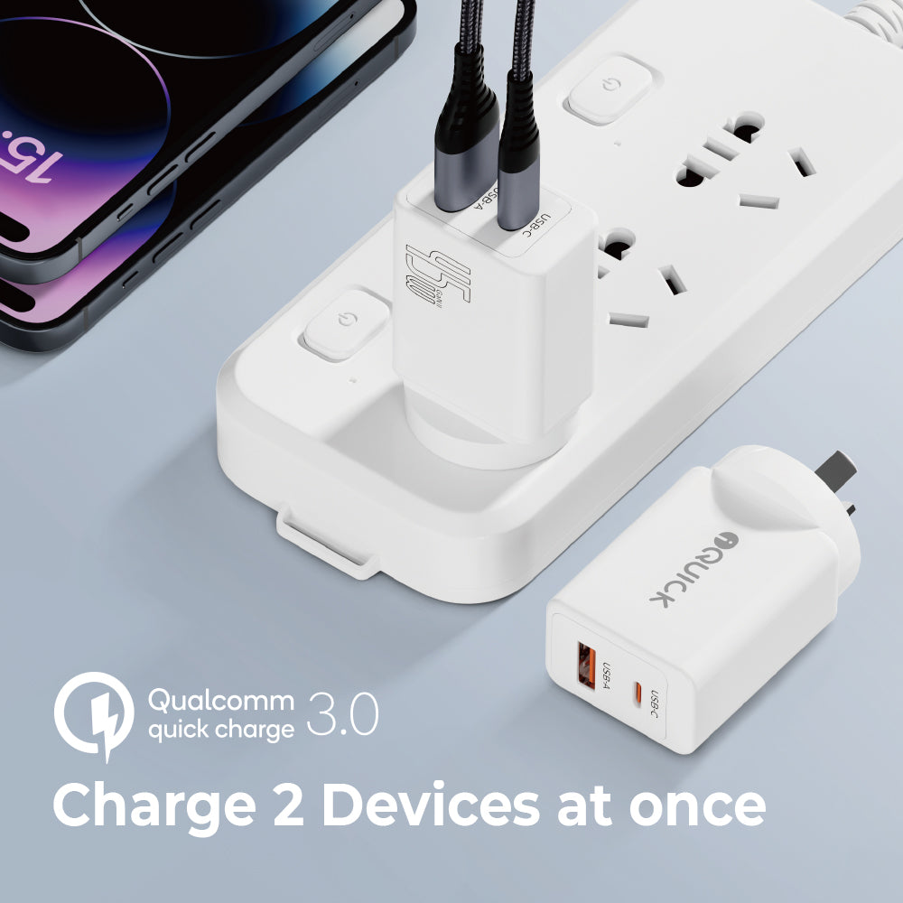 iQuick GaN II 45W Dual-Port Fast Charger | USB-C PD3.0 + USB-A QC3.0 (White)
