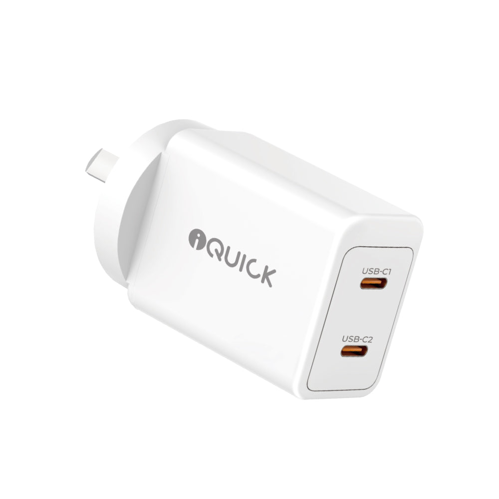 iQuick GaN II 45W Dual-USB-C Fast Charger | USB-C PD 3.0 2-Port (White)