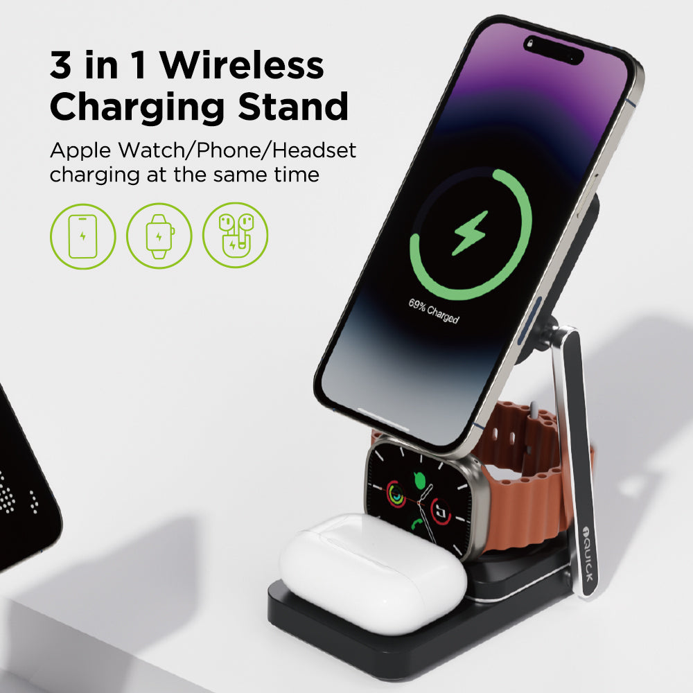 iQuick Twig T6 3-in-1 Foldable Wireless Charger Stand | Fast Charging Dock for Phone, Watch & Earbuds
