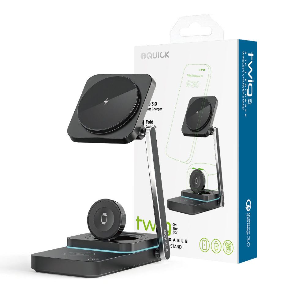 iQuick Twig T6 3-in-1 Foldable Wireless Charger Stand | Fast Charging Dock for Phone, Watch & Earbuds