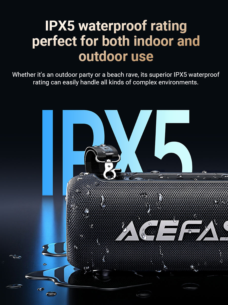 Black portable speaker with water droplets and 'ACEFA' branding on a dark background, featuring IPX5 waterproof rating text.
