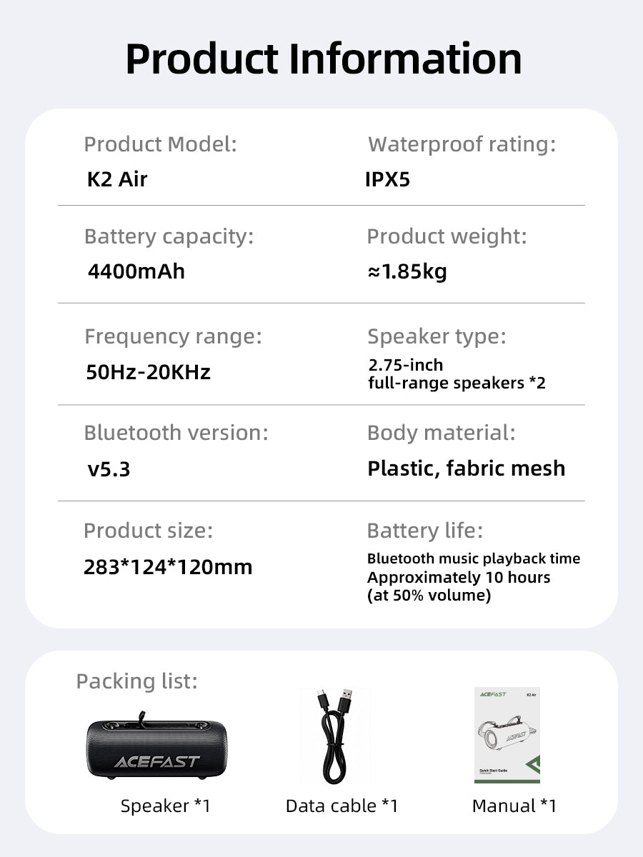 Product information card for K2 Air speaker with specifications and packing list.