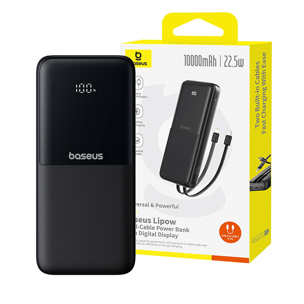 Baseus Lipow 10000mAh Dual-Cable Power Bank with Digital Display (Cosmic) – 22.5W Fast Charge, Built-in USB-C & Lightning