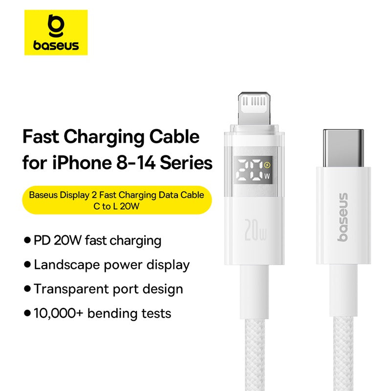 Baseus Display 2 20W Fast-Charging USB-C to iPhone Cable with Digital Display (1 m&2m, Cosmic Black & White)