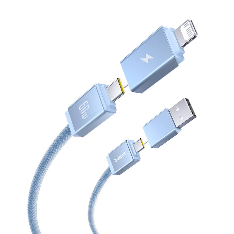 Baseus Versatile Two-for-Two 4-in-1 Fast-Charging Cable | USB-A & USB-C to USB-C & Lightning | PD 60W (1 m / 2 m, Cosmic Black)