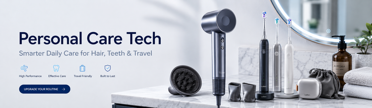 Personal care tech collection banner featuring Laifen hair dryer, electric toothbrushes and grooming accessories on a modern bathroom vanity for hair care, oral care and travel routines