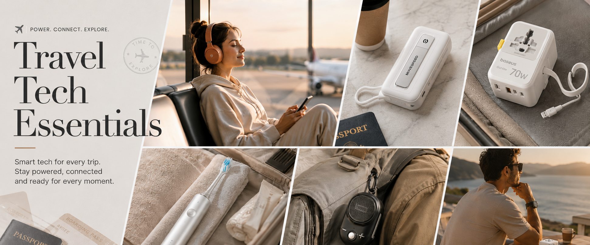 A promotional collage for travel tech essentials, featuring a woman with headphones at an airport, a white portable power bank, a white travel adapter, and other travel accessories in a warm, lifestyle-oriented layout with text reading 'Travel Tech Essentials'.