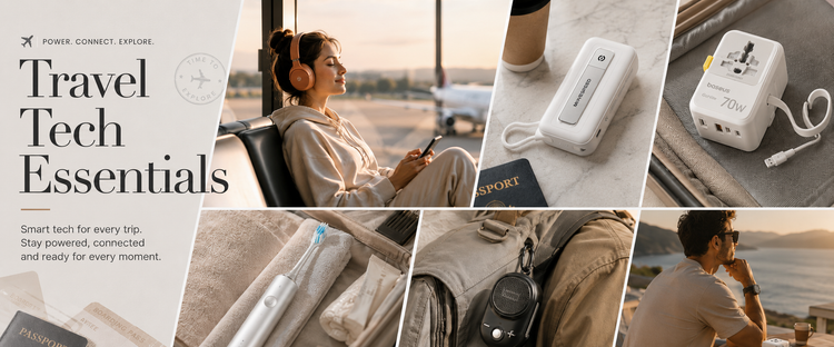 A promotional collage for travel tech essentials, featuring a woman with headphones at an airport, a white portable power bank, a white travel adapter, and other travel accessories in a warm, lifestyle-oriented layout with text reading 'Travel Tech Essentials'.