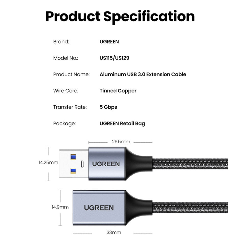 UGREEN USB 3.0 Extension Cable USB (Male) - USB (Female)-Black