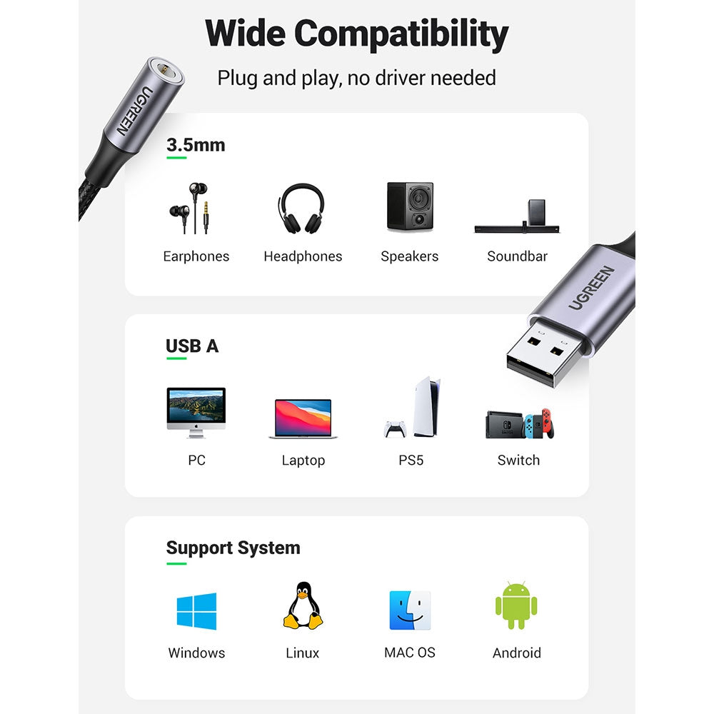 UGREEN USB-A 2.0 to 3.5mm Audio Adapter 25cm-Dark Gray