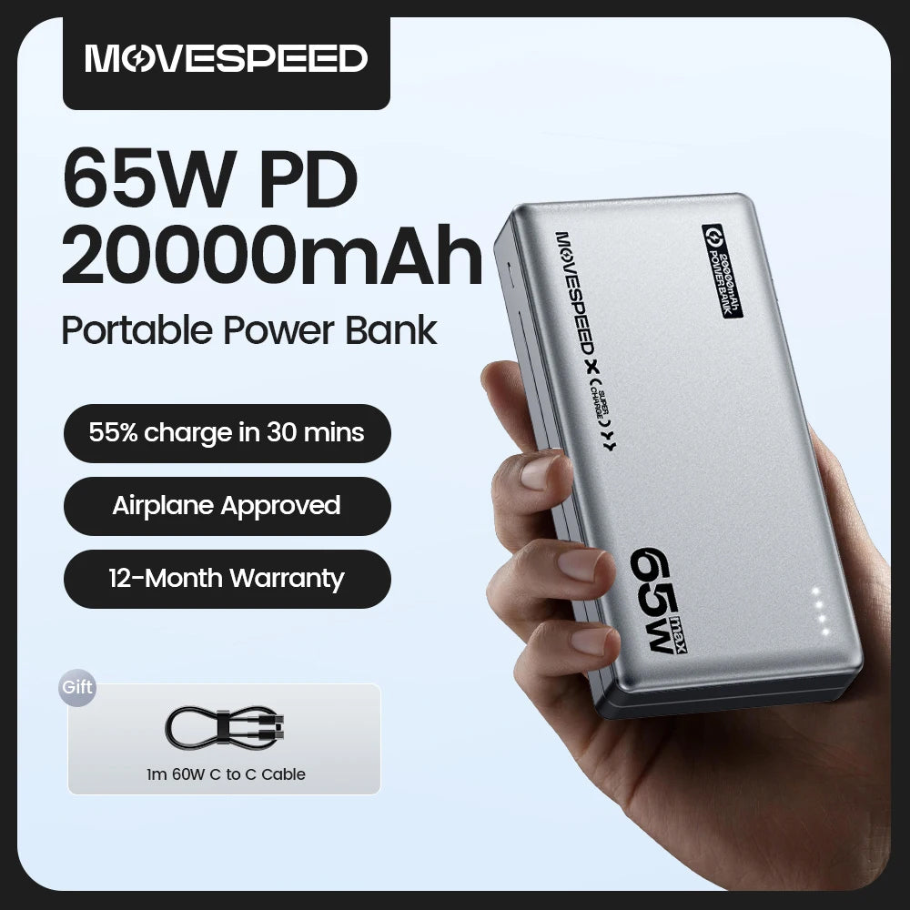 MOVESPEED 65W PD 20000mAh Portable Power Bank - Silver