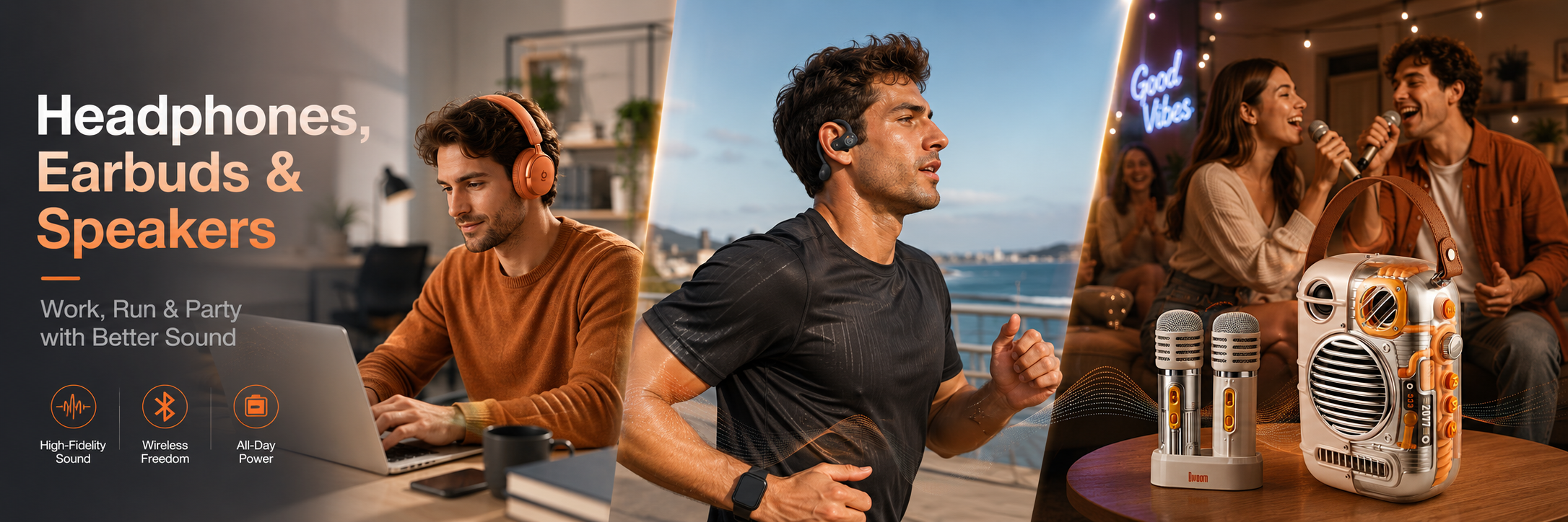 Headphones, earbuds and speakers collection banner showing office headphone use, running with open-ear earbuds, and home karaoke party with portable speaker and microphones