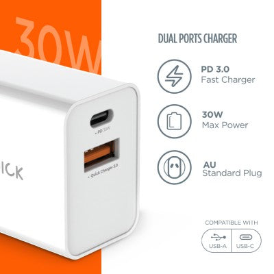 iQuick PD3.0+QC3.0 2-Port Charger 30W (White)
